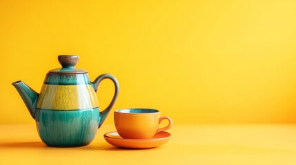 Morning routines are filled with a sense of warmth and creativity when a colorful coffee pot and cup are set against a vibrant yellow background