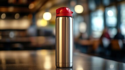 The stainless steel thermos, which has a red cap, is standing upright on a clean surface in a setting with ample lighting