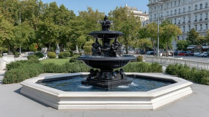 Water fountain splashes gently in a tranquil park setting, framed by blurred greenery. A peaceful ambiance invites visitors to relax amid nature's beauty.