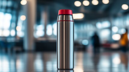 A thermos made of stainless steel, featuring a cap that is red in color, stands upright on a clean surface, situated in a well-lit environment