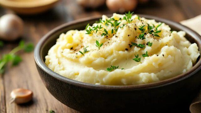 Smooth and fluffy mashed potatoes served in a dark rustic bowl, topped with fresh herbs and cracked black pepper.