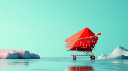 Modern design is exemplified by a geometric shopping cart that is bright red and set on a blue background