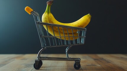 A single ripe banana is placed inside a black shopping cart, demonstrating an emphasis on simplicity and fresh produce