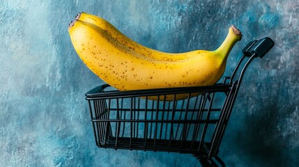 Inside a black shopping cart, a single ripe banana is carefully placed to showcase simplicity and a focus on fresh produce