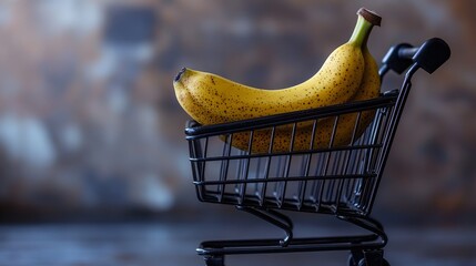 The simplicity and emphasis on fresh produce are highlighted by a single ripe banana in a black shopping cart