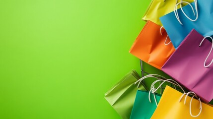 The image features a shopping cart accompanied by an array of colorful bags, all presented on a bright green background in a minimalist aesthetic