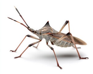 Close-up of a leaf-footed bug, showcasing its intricate details against a stark white background.