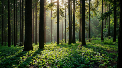 Obraz premium Bright green forest with tall straight trees. Suitable for nature, environment, or woodland background uses.