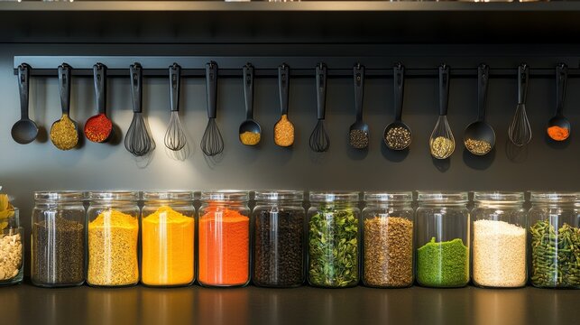A modern kitchen features a display of spices in glass jars, paired with measuring spoons that hang conveniently within reach