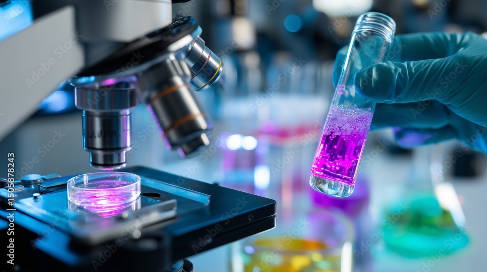 Poster scientist conducts experiment with colorful liquids under microscope in laboratory setting