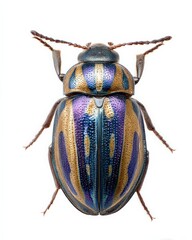Vibrant iridescent beetle, showcasing its striking metallic blue, purple, and gold hues against a stark white backdrop.