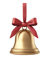Golden christmas bell hanging with red ribbon bow on transparent background