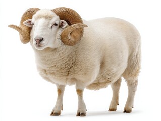 Majestic ram with large horns, standing against a white background.