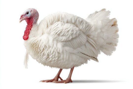 A pristine white turkey, standing majestically against a stark white background.