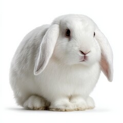 Adorable white lop-eared rabbit, fluffy fur, sits against a white background.