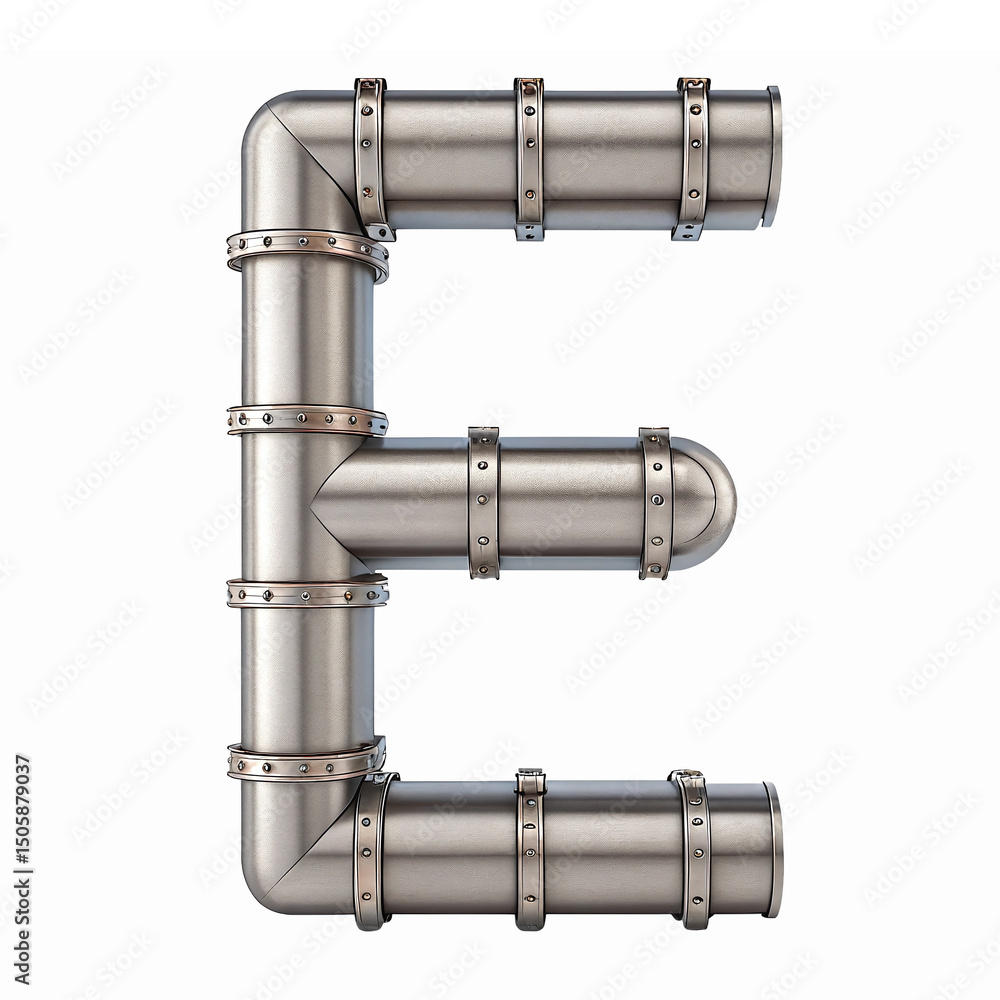 Poster stylized metallic pipe letter e in three dimensional design with transparent background