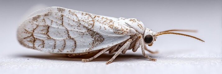 Close-up of a delicate white planthopper insect with intricate brown markings.