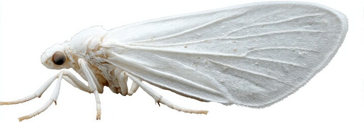 Close-up of a pristine white moth, its delicate wings spread wide against a stark white background.