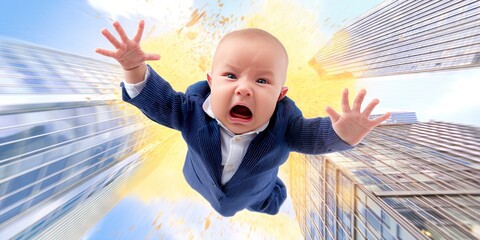 dynamic angle photo of terrified baby in executive business suit falling from sky, downtown skyscrapers 