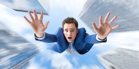 dynamic angle photo of terrified man in executive business suit falling from sky, downtown skyscrapers 