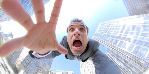dynamic angle photo of terrified man in executive business suit falling from sky, downtown skyscrapers 