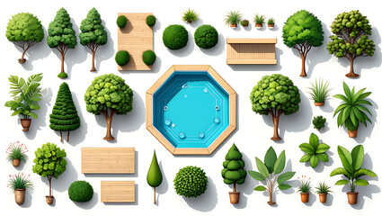 Landscape design elements for poolside gardens, Top View Garden Design Elements