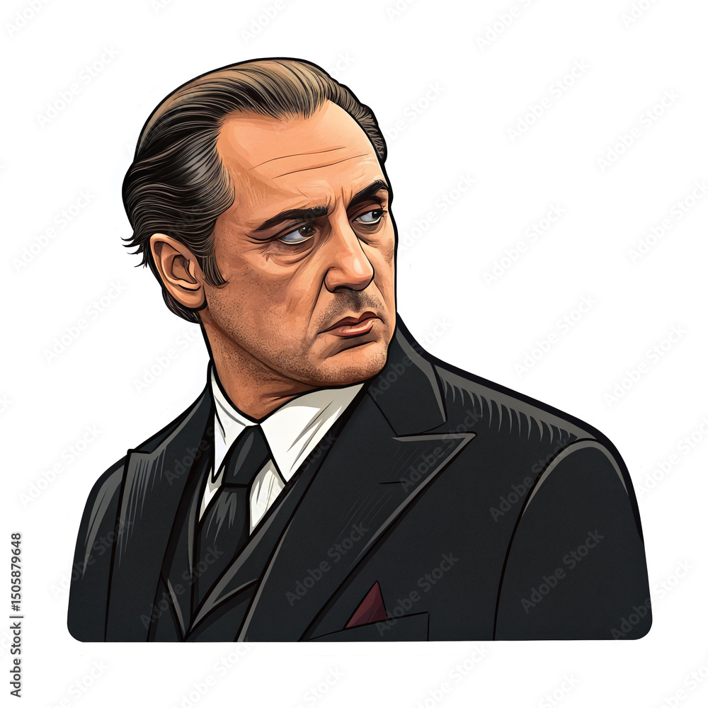 Poster serious man in suit vector portrait with transparent background for character design and branding