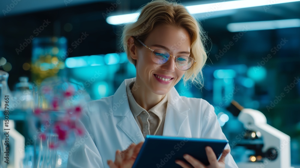 Poster scientist examines data on tablet while working in modern laboratory during evening hours