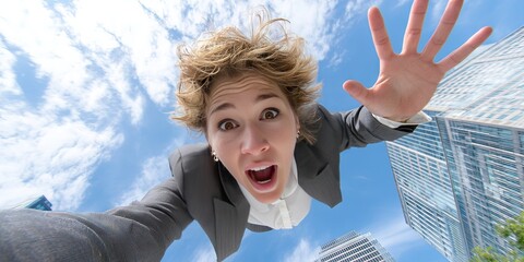 dynamic angle photo of terrified woman in executive business suit falling from sky, downtown skyscrapers