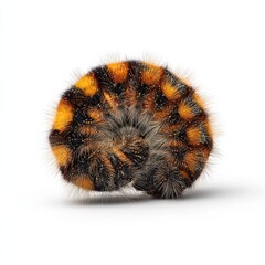 Close-up of a fuzzy, curled-up caterpillar with vibrant orange and black markings against a clean white background.
