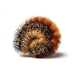 Fuzzy caterpillar curled in a ball, showcasing its intricate textures and warm brown and orange hues.
