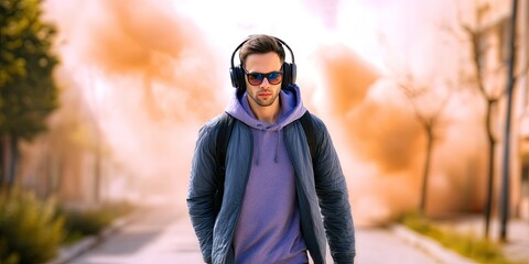 stylish man with headphones and sunglasses walking down street, war zone background