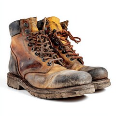 A pair of well-worn leather boots, showing signs of age and use, sit on a white background.