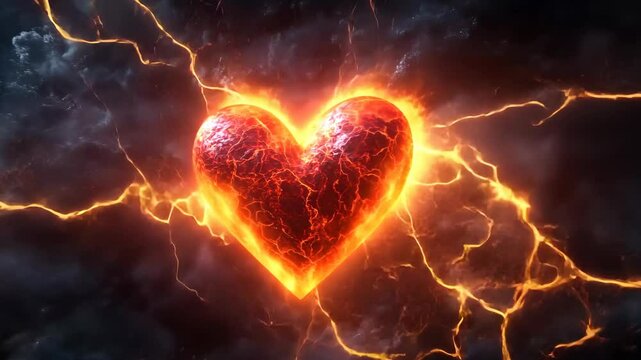 Fiery heart pulses with electric energy amidst dark clouds