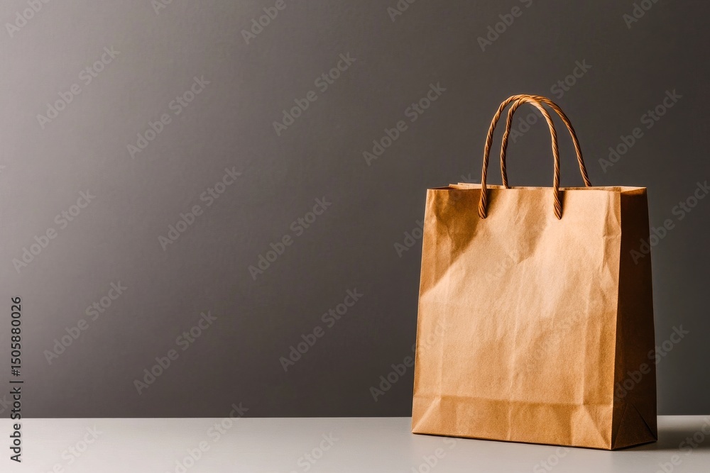 Aufkleber brown paper bag resting on a white table against a gray background in a studio setting