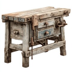Rustic wooden workbench with drawers and vintage tools. Weathered grey and blue tones. Perfect for a workshop or farmhouse setting.