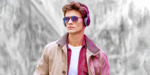 stylish man with headphones and sunglasses walking down street, war zone background