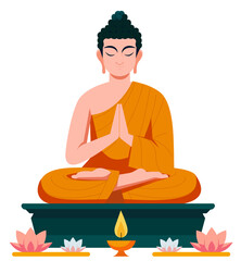 Meditating Buddha statue with lotus flowers