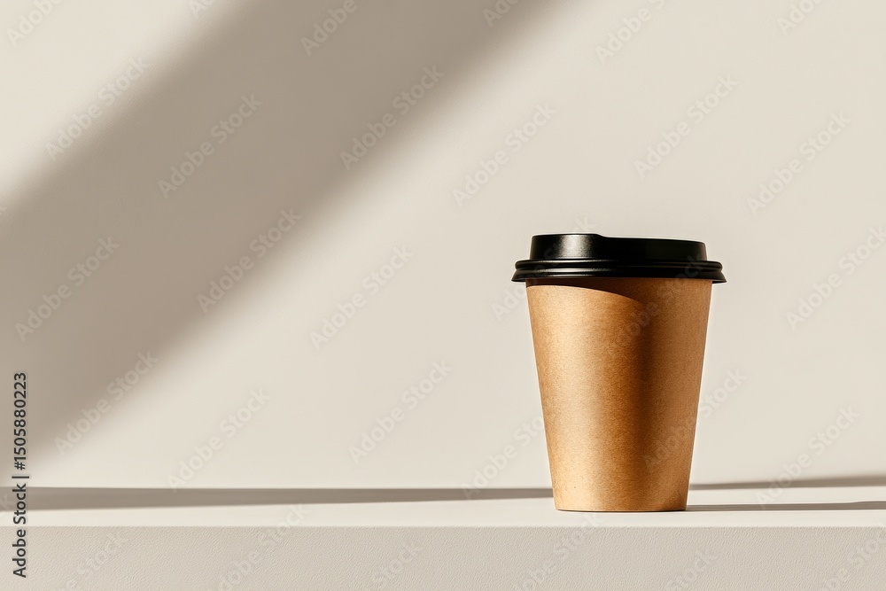 Poster coffee cup with a black lid on a minimalistic surface with a palm shadow in the background at mornin