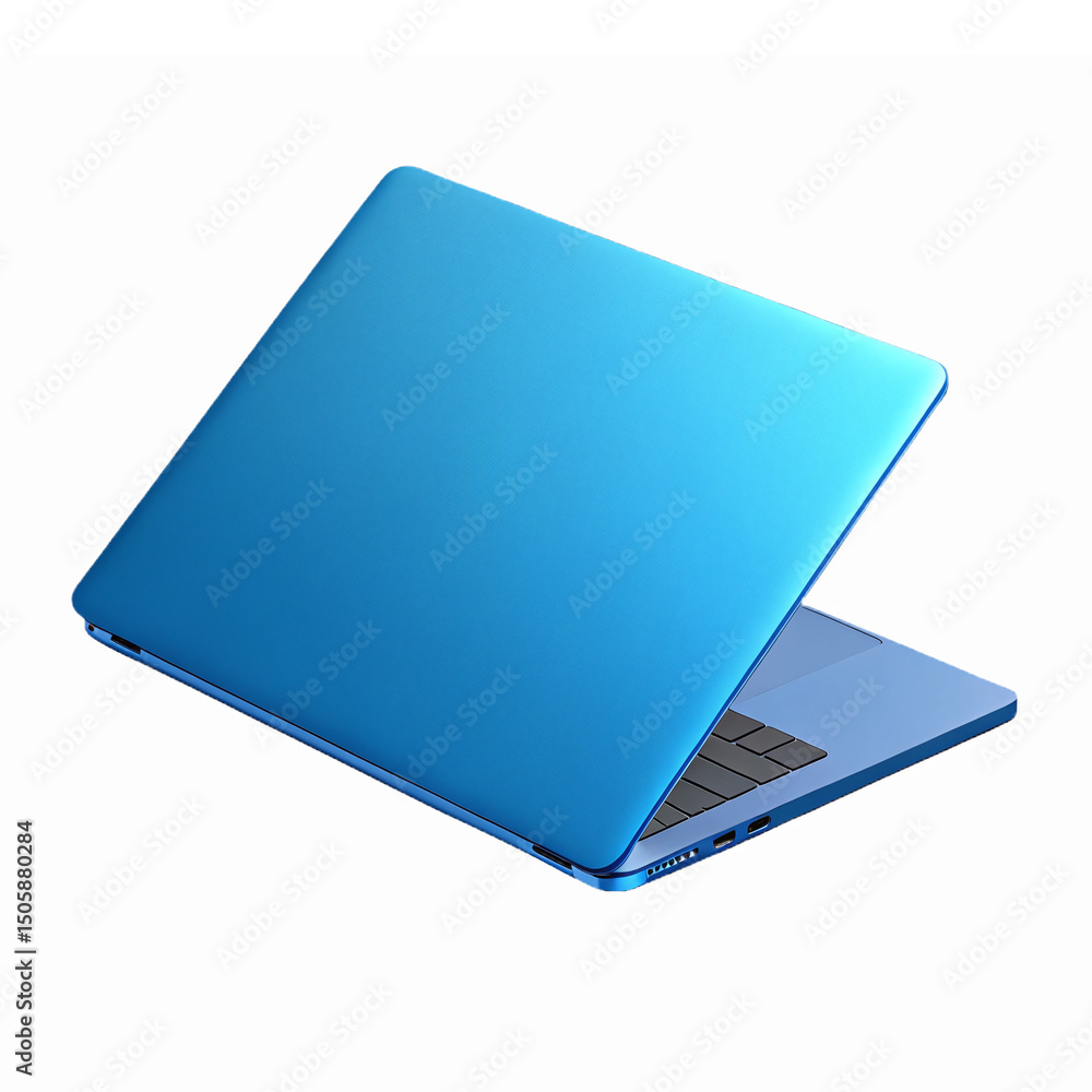 Poster blue laptop computer design with open keyboard and modern aesthetic for technology themes