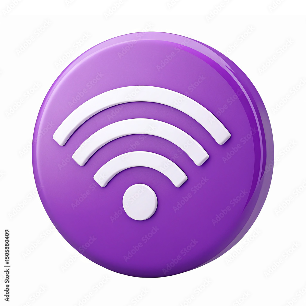 Poster purple wifi signal with three curved bars and center dot for connectivity representation