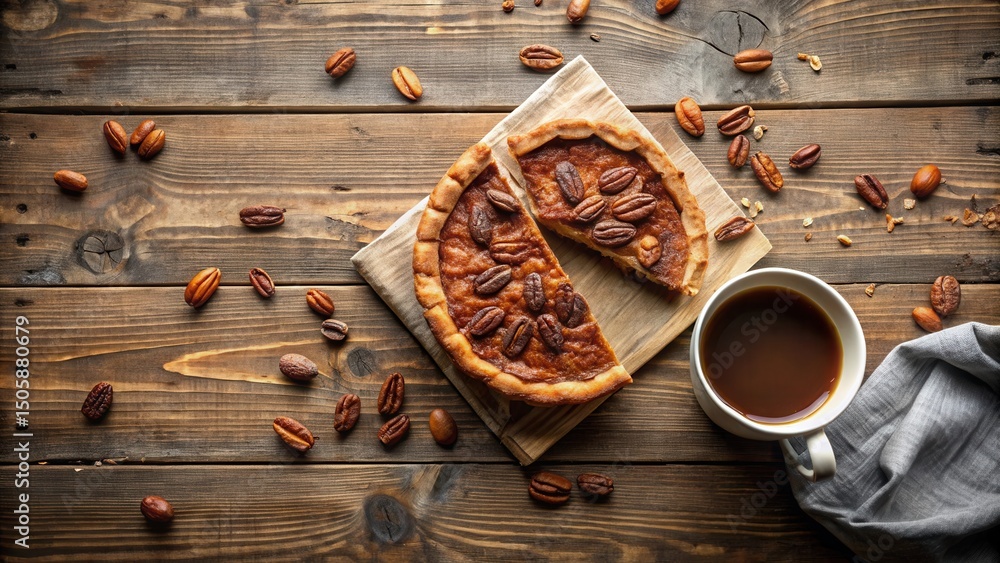 Poster a slice of pecan pie, a cup of coffee, and scattered pecans on a rustic wooden table, creating a sim