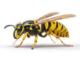 Close-up of a wasp, showcasing its intricate details and vibrant yellow and black stripes against a stark white background.