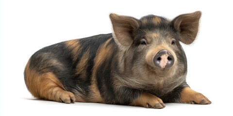 Adorable piglet, lying down, brown and black spotted coat.