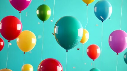 Colorful balloons floating and bursting amidst falling confetti on a vivid blue background - Powered by Adobe