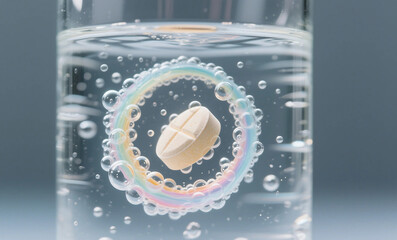 Effervescent Vitamin Tablet Dissolving in Water with Colorful Iridescent Bubbles Creating Rainbow Spectrum Effect