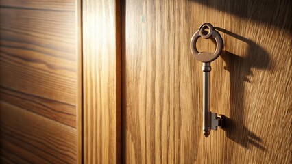 A small wooden key hanging from a hook on the door leaf