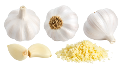 Set of garlic bulbs, cloves and crushed garlic isolated on transparent background