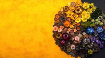 Colorful circle of coins and flowers on a textured background