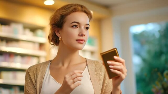 A young woman shoplifting cosmetics in a pharmacy